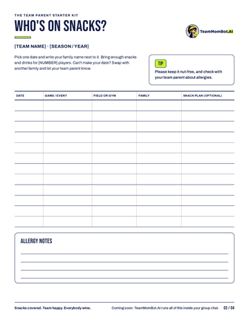 Page 3: the Who's on Snacks? sign-up sheet