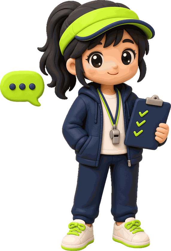 Clay-style team mom mascot in a lime visor and navy hoodie, holding a clipboard, with a speech bubble showing a typing indicator